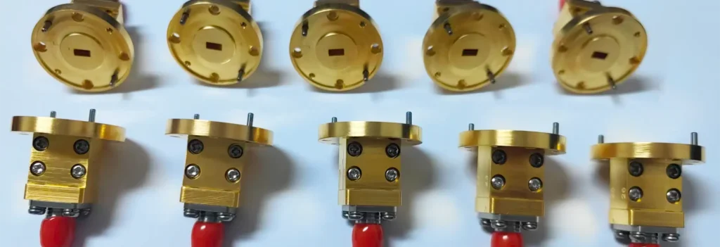 High-precision WR-19 waveguide to 1.85mm female coaxial adapter with gold-plated cavity for microwave systems