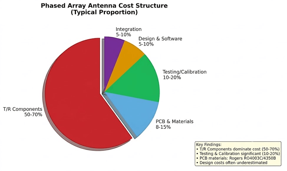 Pie chart showing the cost structure of a millimeter-wave phased array antenna, highlighting that T/R modules dominate 50% to 70% of the total budget