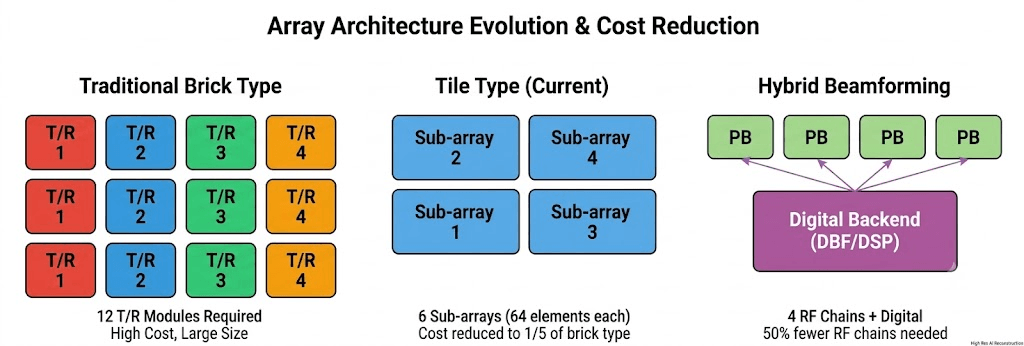 Diagram of phased array antenna architecture evolution from traditional brick type to tile type and hybrid beamforming for hardware cost reduction