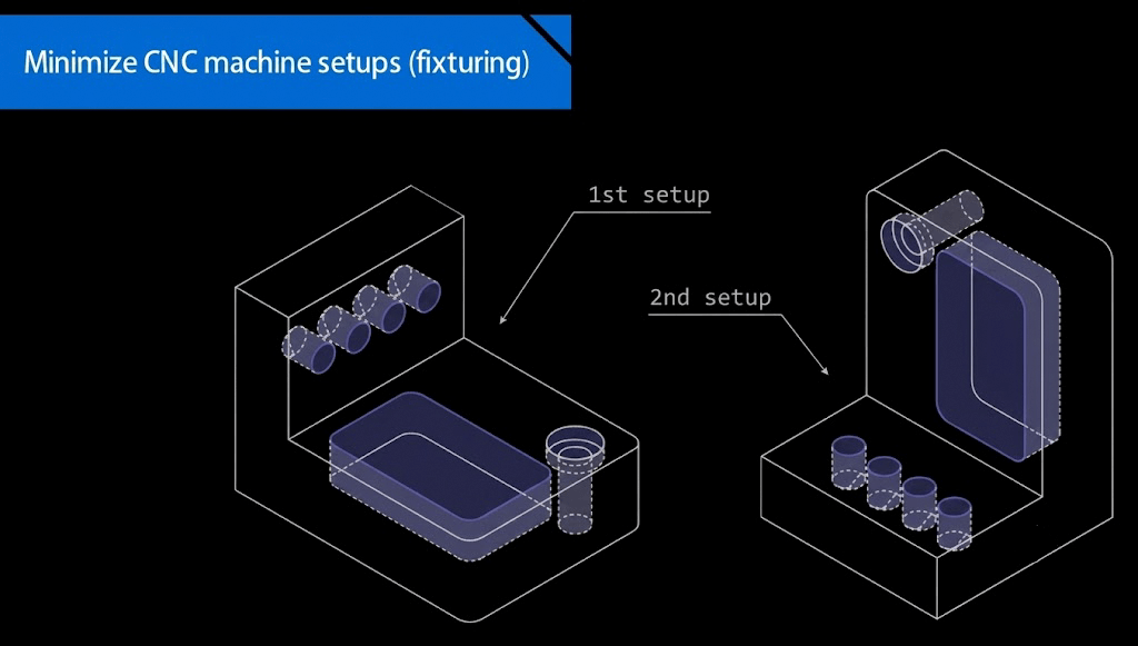 Minimizing 5-axis CNC setups for complex multi-port waveguide blocks and antenna feed horns.