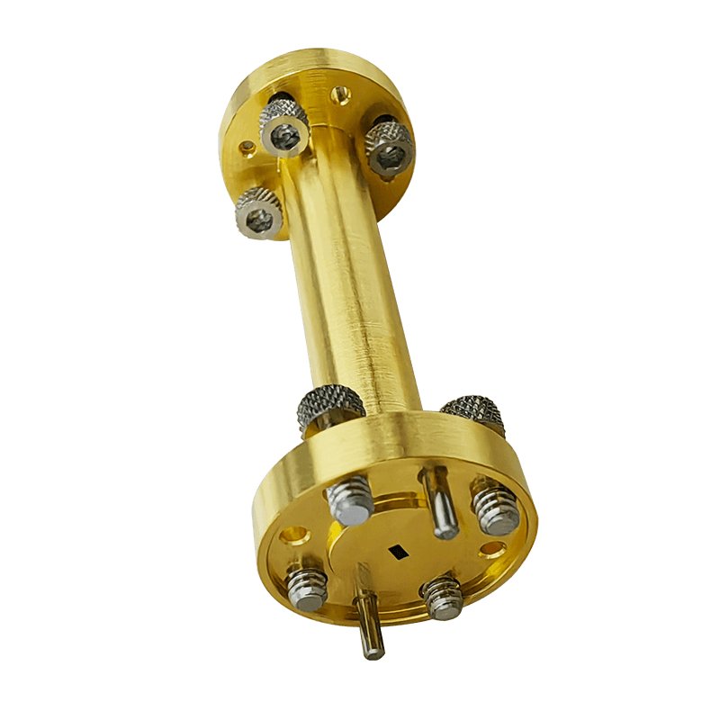 Gold-plated precision straight waveguide section with standard flanges, alignment pins, and mounting screws