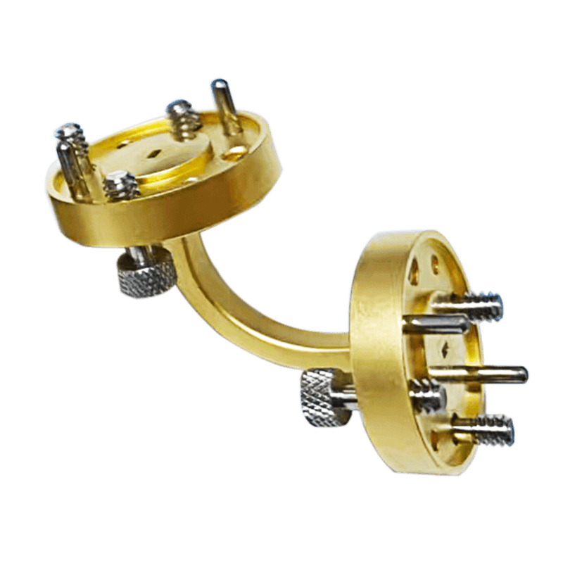 90-degree gold-plated waveguide bend with precision round flanges, guide pins, and screws.